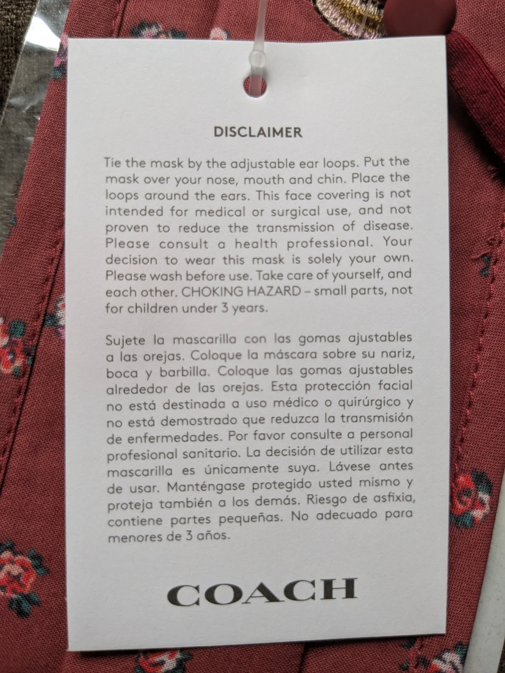 Coach Burgundy Quilted Floral Face Mask